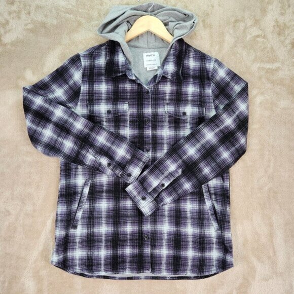 RCVA Jacket Hooded Purple White Black Plaid Pockets Long Sleeve Womens Size L - Picture 2 of 11